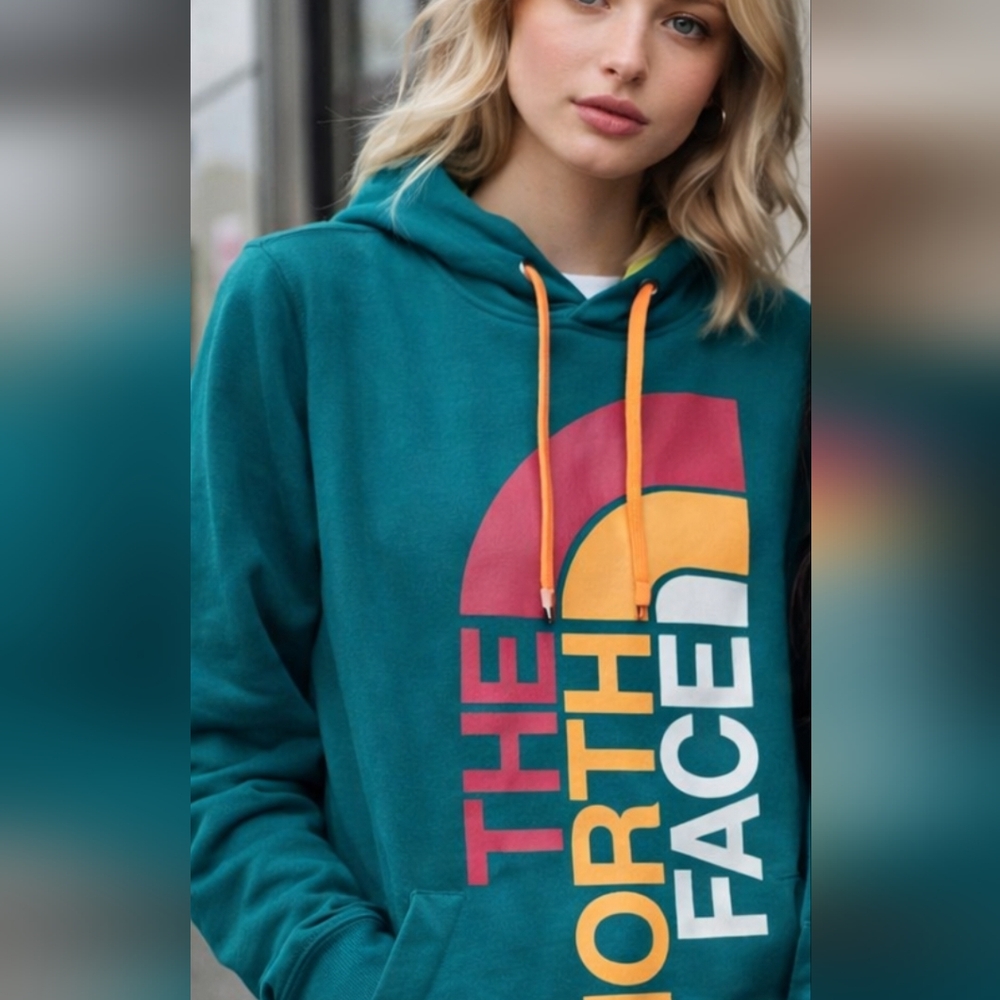 The North Face Teal Hoodie with Multicolor Logo